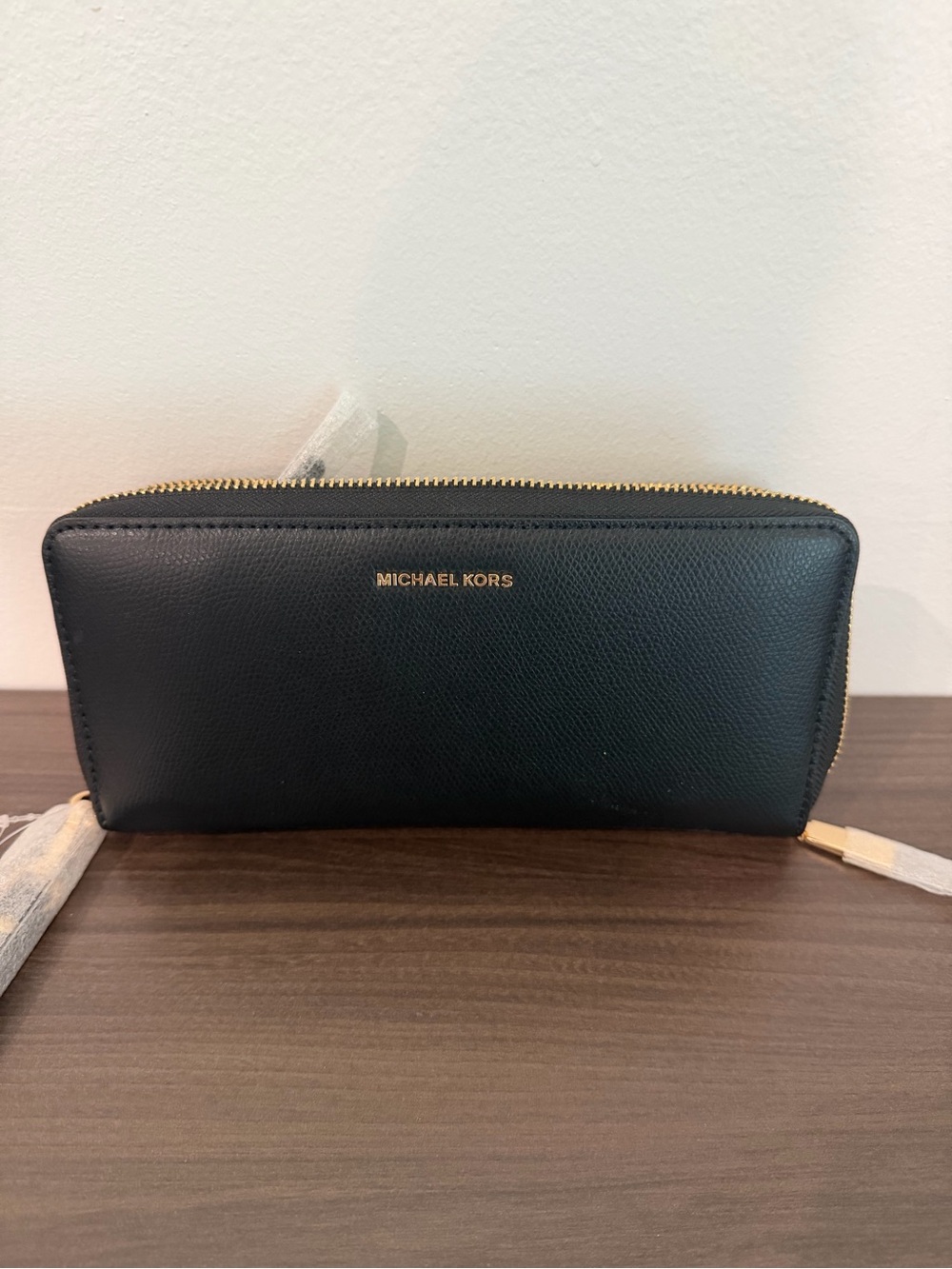 Michael Kors Black Leather Zip Wallet with Gold Hardware